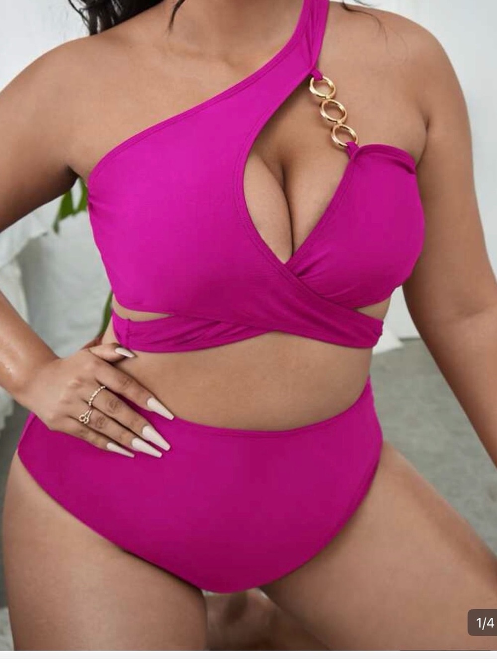 SHEIN Hot Pink One-Shoulder Cutout Bikini Set
